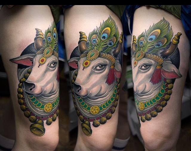 Traditional Cow Head Tattoo On Thigh