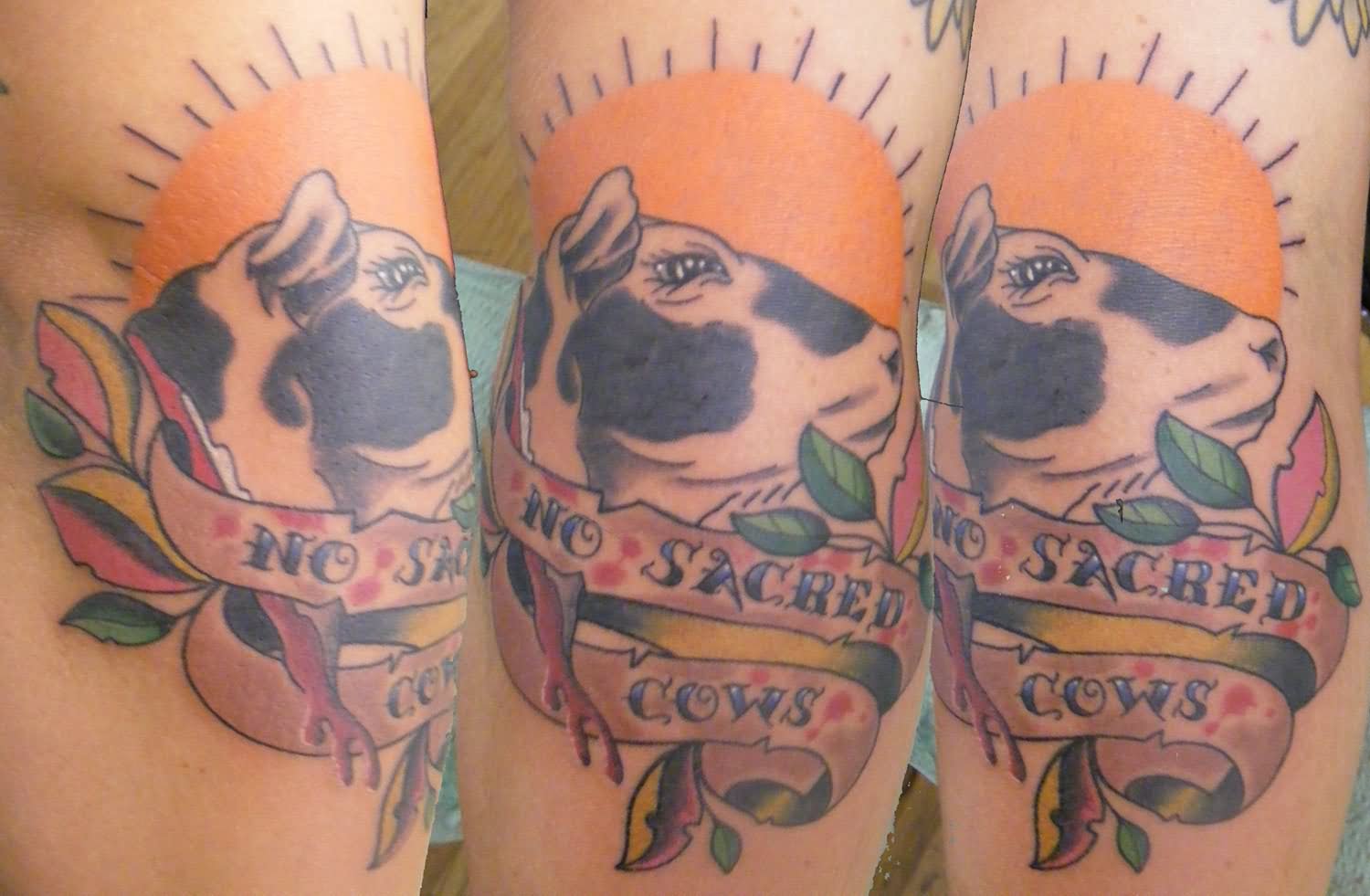 Traditional Cow Head With Banner Tattoo Design
