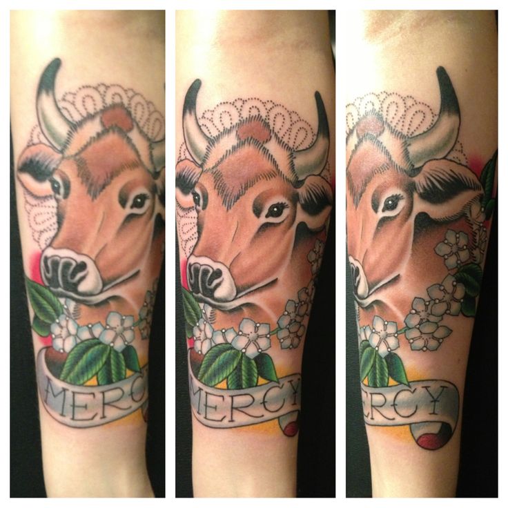 Traditional Cow Head With Flowers And Banner Tattoo Design For Forearm