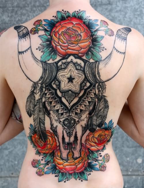 Traditional Cow Skull And Flowers Tattoo On Full Back