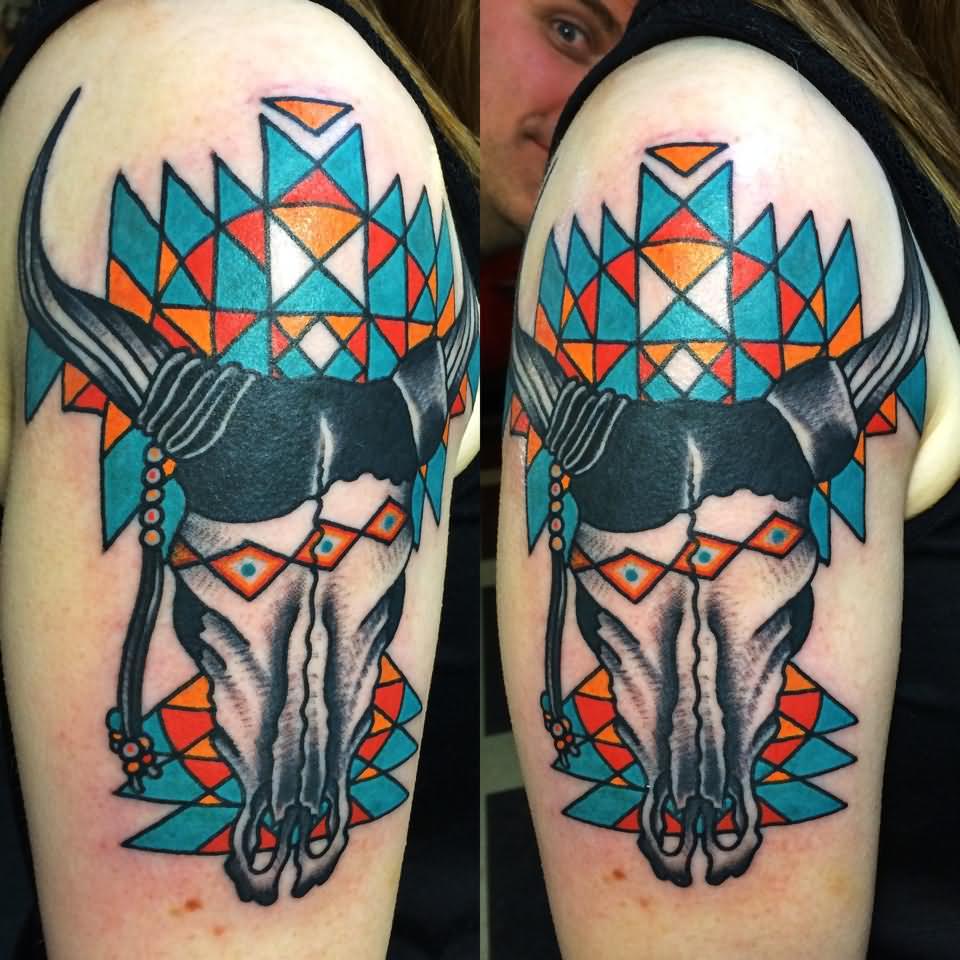 Traditional Cow Skull Tattoo On Right Half Sleeve