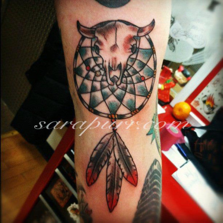Traditional Cow Skull With Dreamcatcher Tattoo Design For Sleeve