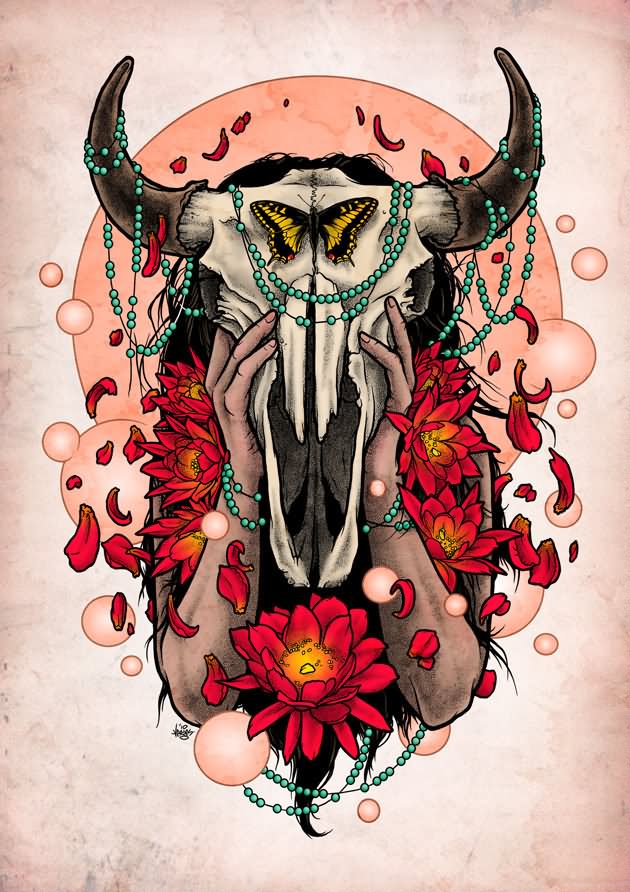 Traditional Cow Skull With Flowers Tattoo Design