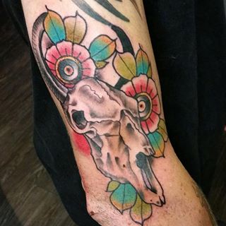 Traditional Cow Skull With Flowers Tattoo On Half Sleeve