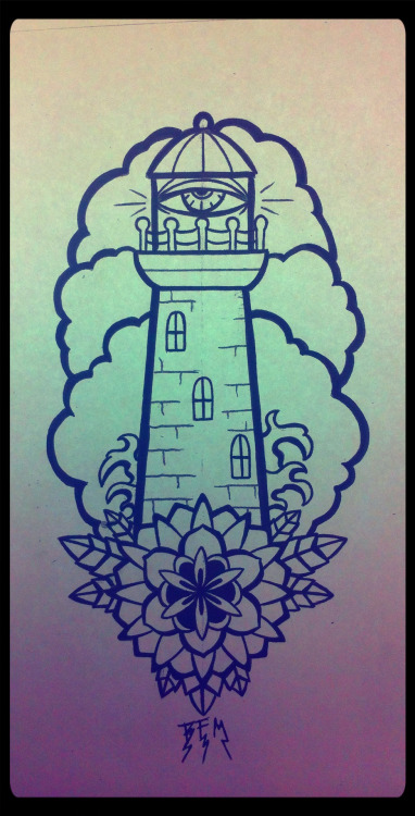 Traditional Flower And Lighthouse Tattoo Design