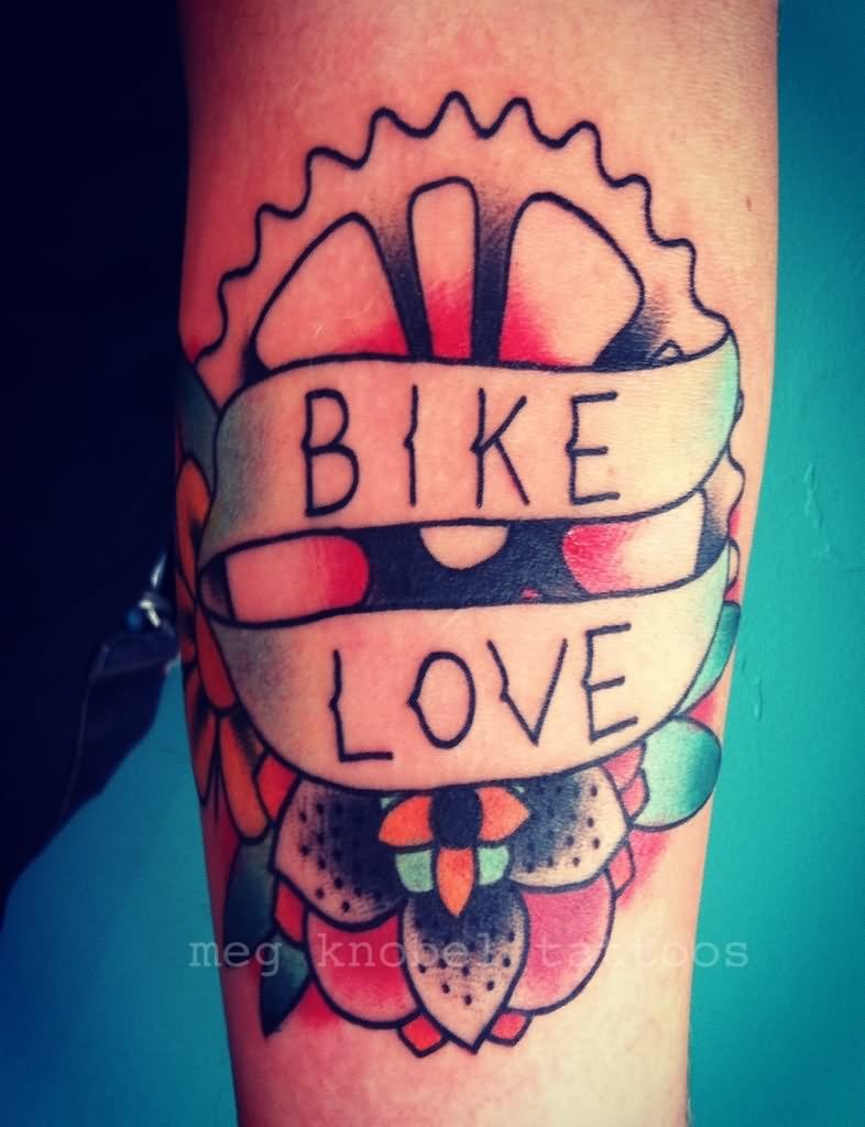 Traditional Flower With Bike Love Banner Tattoo Design