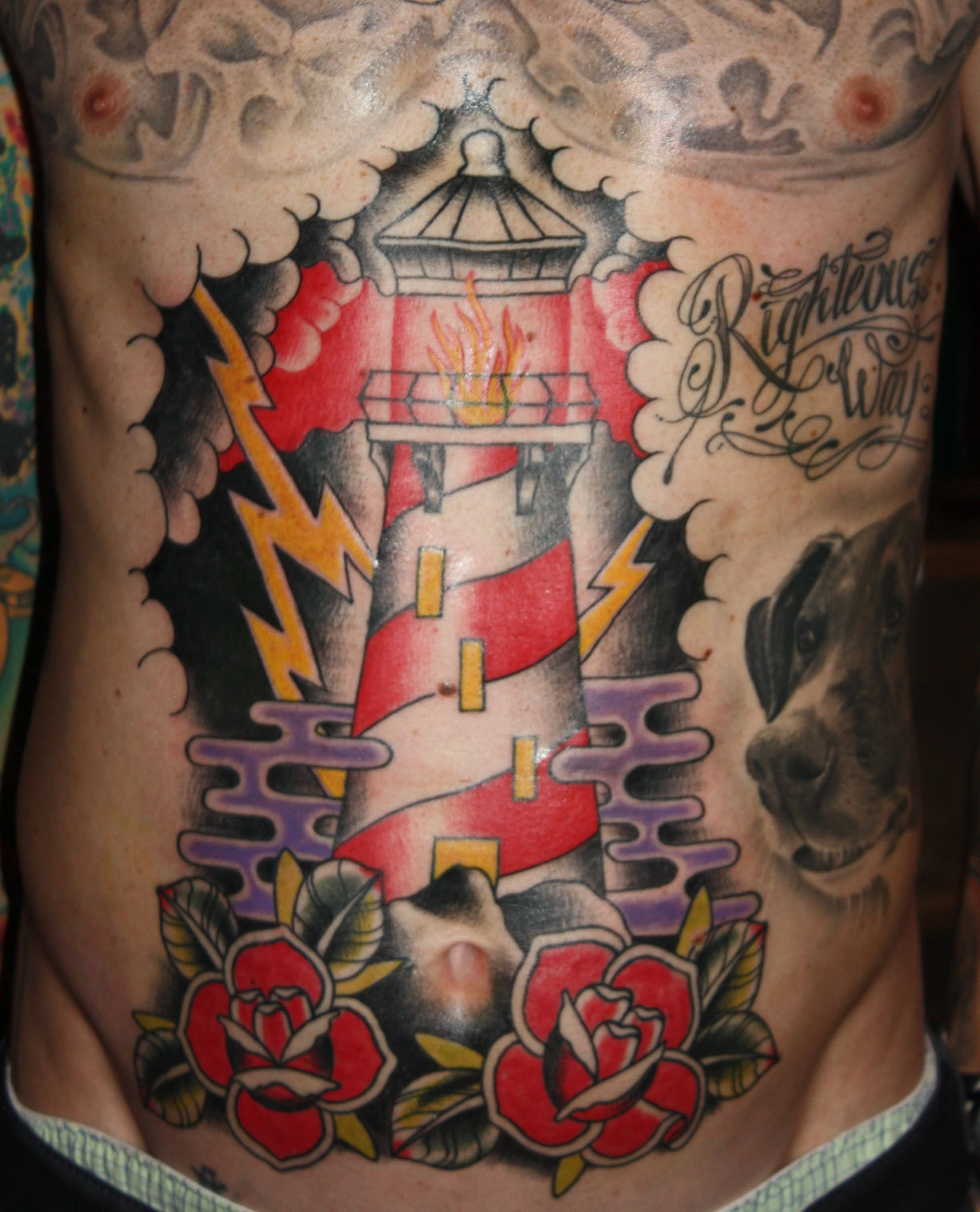 Traditional Flowers And Lighthouse Tattoo On Body.