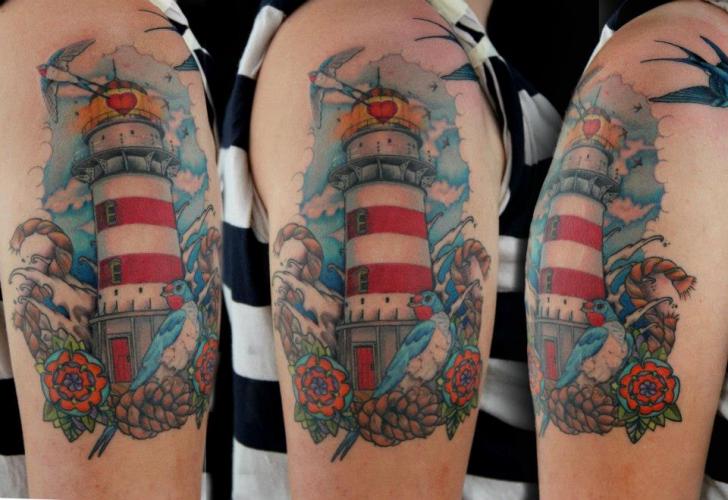 Traditional Flowers And Lighthouse Tattoo On Half Sleeve