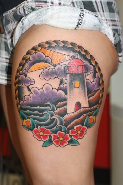 Traditional Flowers And Lighthouse Tattoo On Side Thigh