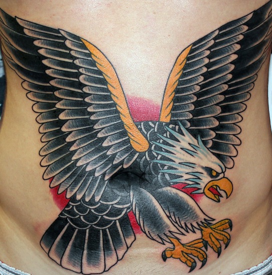 Traditional Flying Eagle Tattoo On Belly