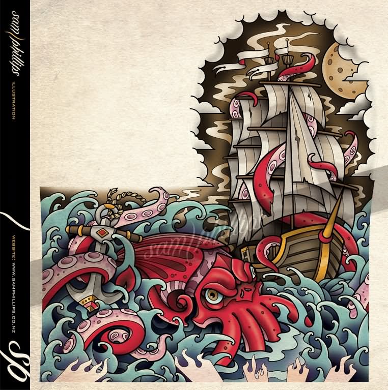 Traditional Kraken Attacking Ship Tattoo Design