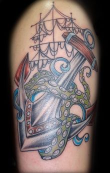 Traditional Kraken With Anchor Tattoo On Half Sleeve