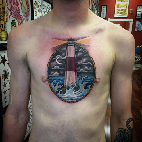 Traditional Lighthouse Tattoo On Man Chest