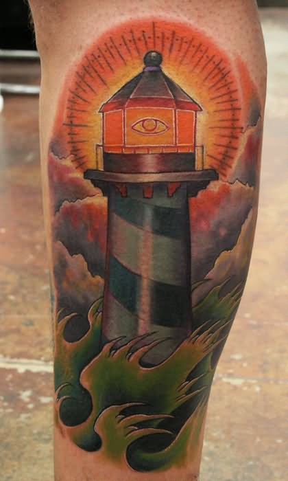 Traditional Lighthouse Tattoos On Leg Sleeve