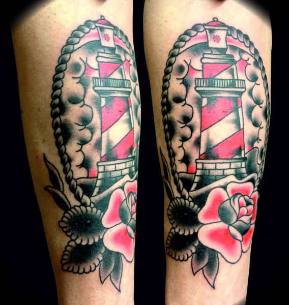 Traditional Rose And Lighthouse Tattoo On Full Sleeve