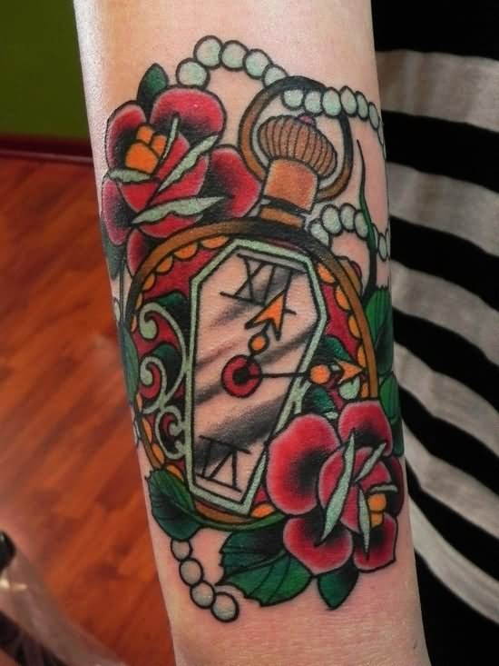 Traditional Rose Flowers And Coffin Tattoo On Arm Sleeve