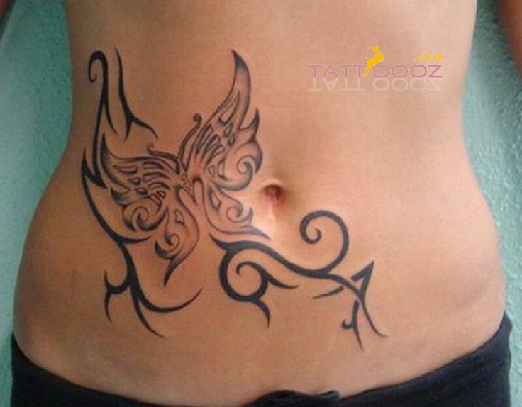 Tribal Butterfly Tattoo On Belly