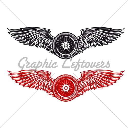 Two Black And Red Bike Wheel With Wings Tattoo Design