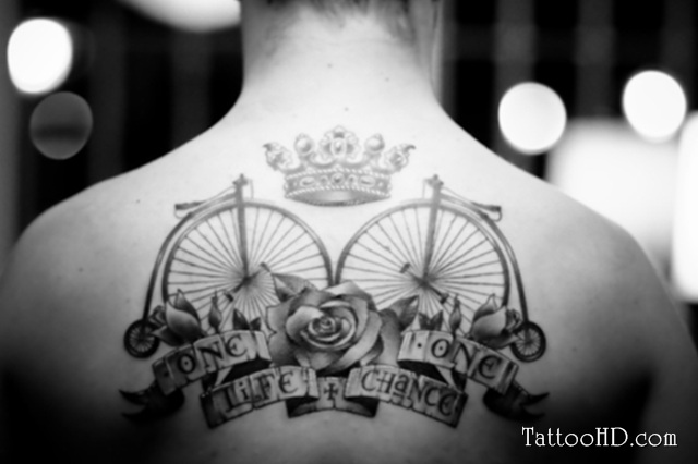 Two Penny Farthing Bike With Rose And Banner Tattoo On Upper Back