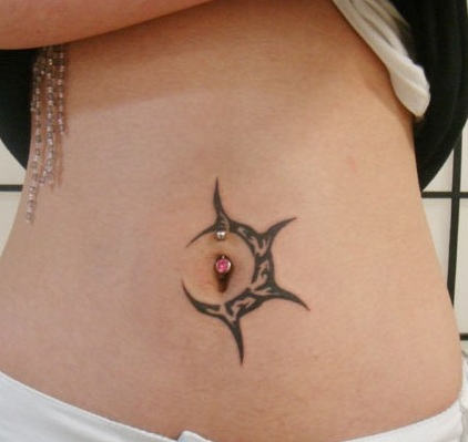 Unique Black Half Moon Tattoo On Belly Button