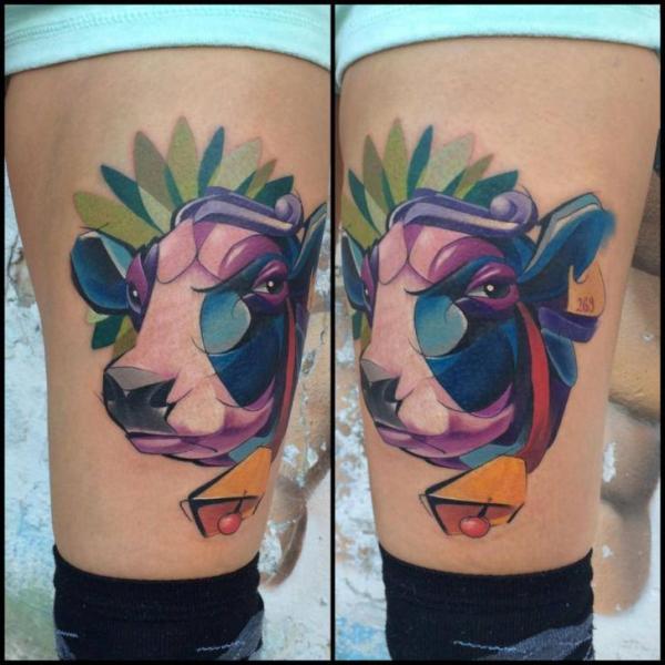 Unique Colorful Cow Head Tattoo Design For Thigh