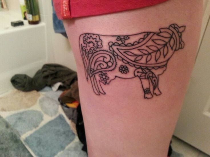Unique Cow Tattoo Design For Side Thigh
