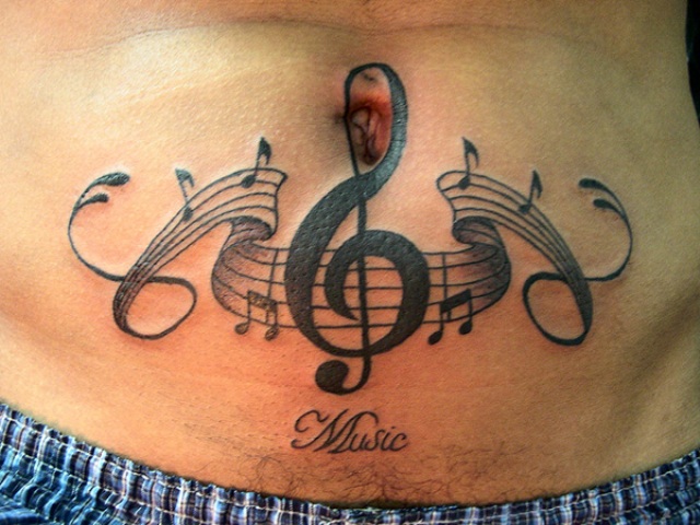 Violin Key With Music Knots Tattoo On Belly