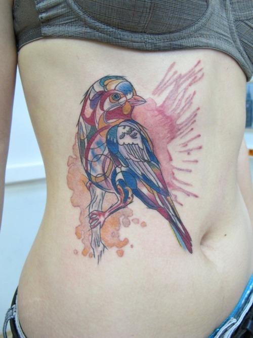 Watercolor Bird Tattoo On Girl Side Belly