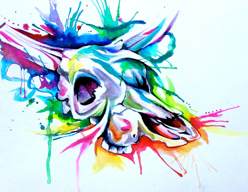 Watercolor Cow Skull Tattoo Design