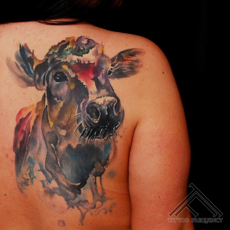 Watercolor Cow Tattoo On Right Back Shoulder