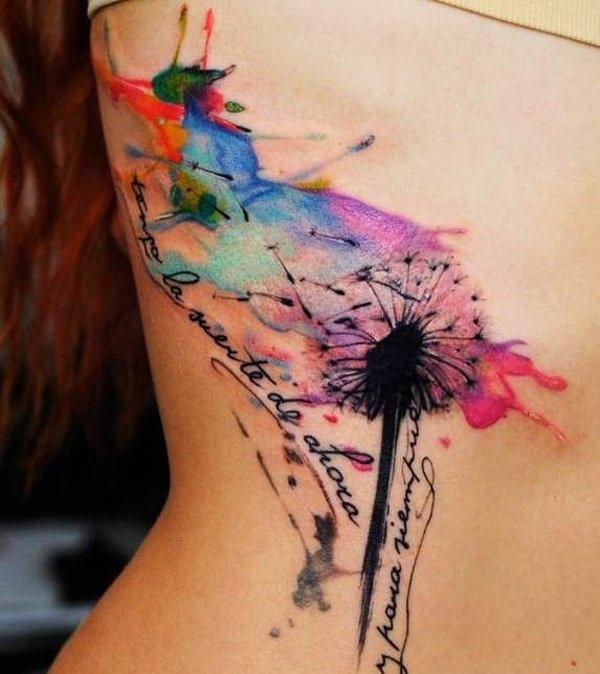 Watercolor Dandelion Tattoo On Side Belly