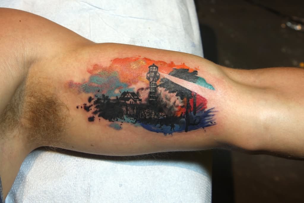 Watercolor Lighthouse Tattoo On Inner Bicep