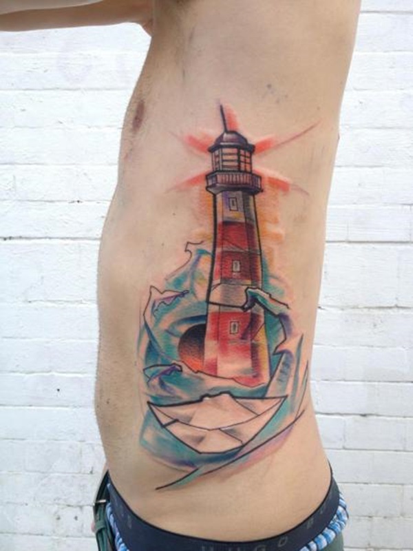 Watercolor Lighthouse Tattoo On Side Rib