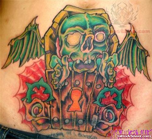 Winged Coffin Tattoo On Man Lower Back