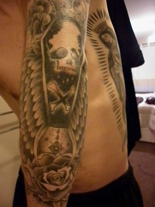 Wings Skeleton Coffin Tattoo On Full Sleeve
