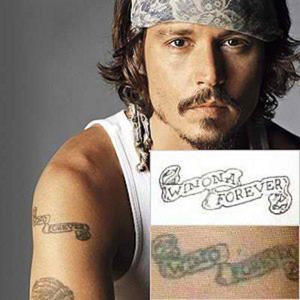 Winona Forever Banner Tattoo On Celebrity Johnny Depp Right Shoulder