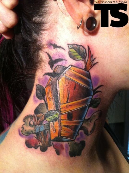 Wooden Coffin Tattoo On Girl Side Neck