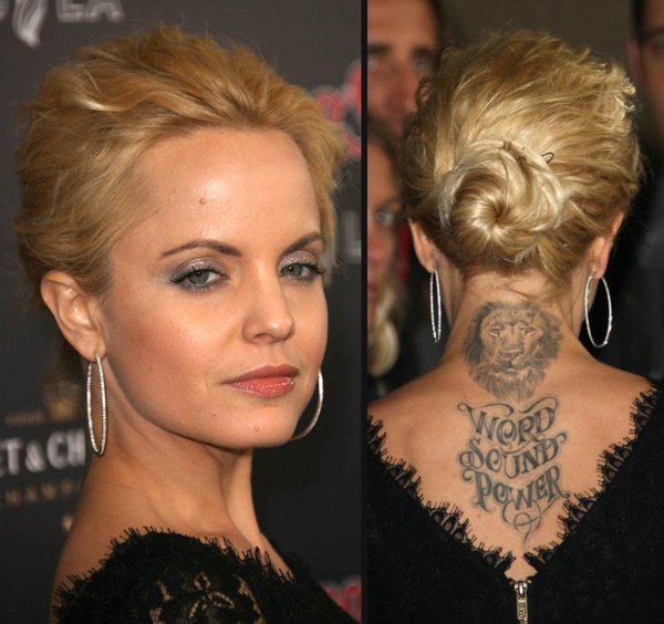 Word Sound Power Lettering With Lion Head Tattoo On Celebrity Mena Suvari Upper Back