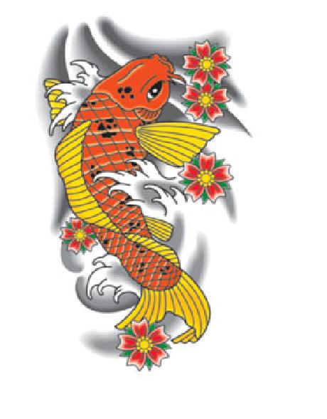Yellow And Orange Carp Fish With Flowers Tattoo Design