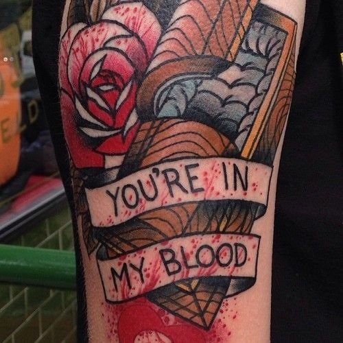 Your're In My Blood Banner And Coffin Tattoo On Sleeve
