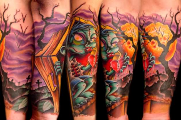 Zombie And Coffin Tattoo On Leg Sleeve