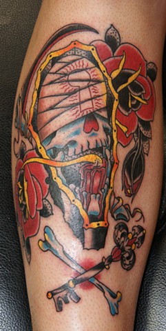 Zombie Skeleton Coffin Tattoo On Leg