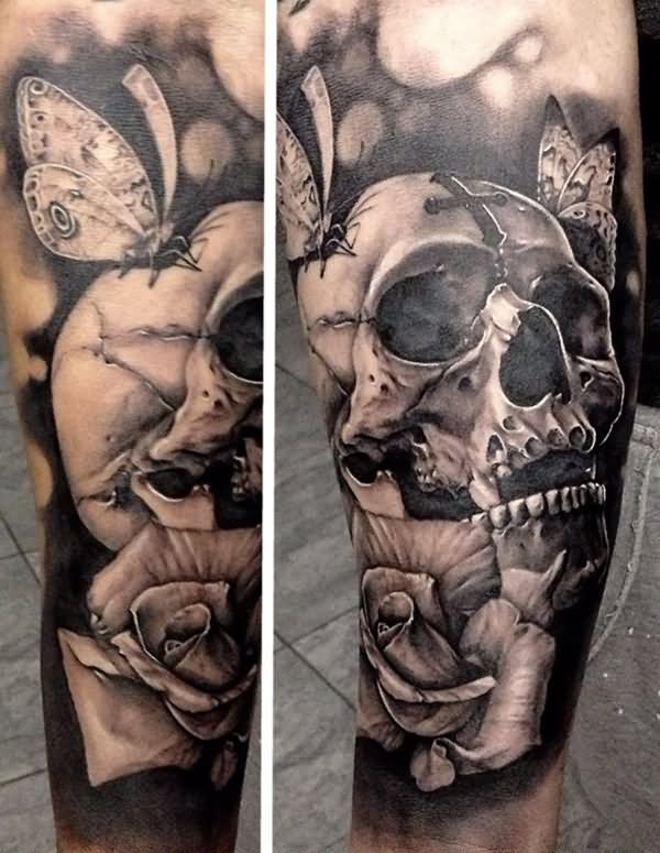 3D Army Skull With Butterflies And Rose Tattoo Design For Sleeve