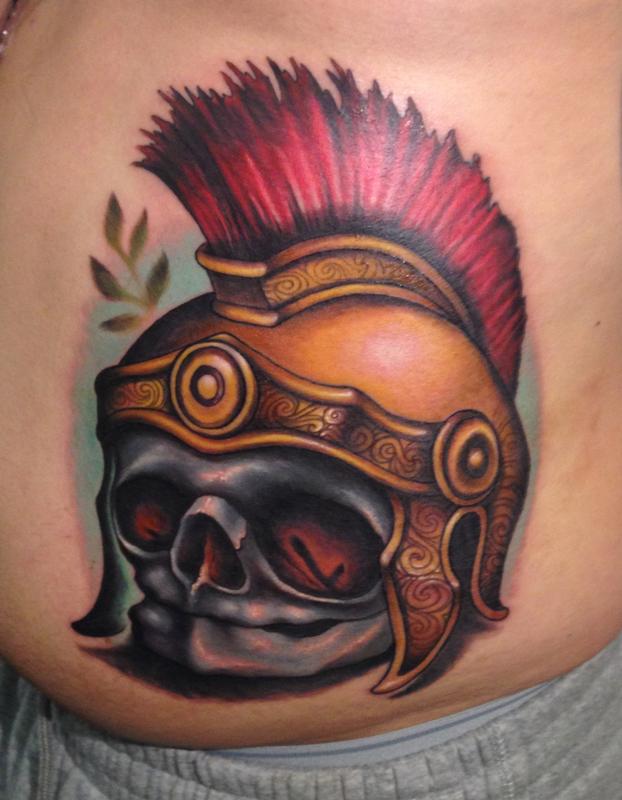 3D Skull Wearing Warrior Helmet Tattoo On Side Rib