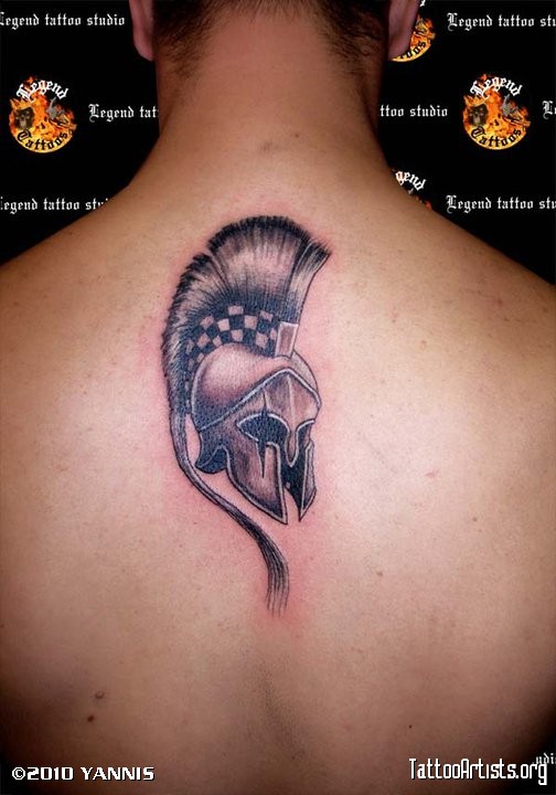 3D Warrior Helmet Tattoo On Man Upper Back