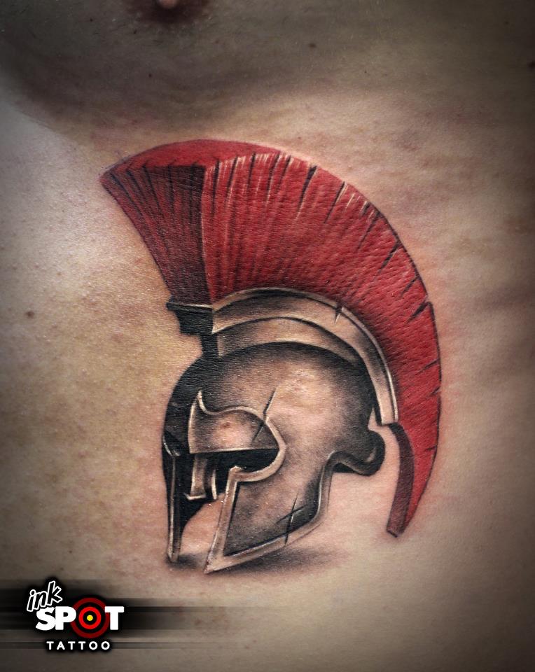 3D Warrior Helmet Tattoo On Under Chest