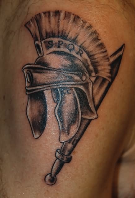 3D Warrior Helmet With Sword Tattoo Design For Shoulder