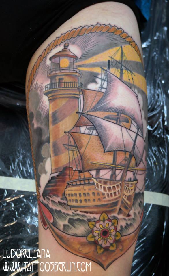 Anchor Ship and Neo Traditional Lighthouse Tattoo On Leg