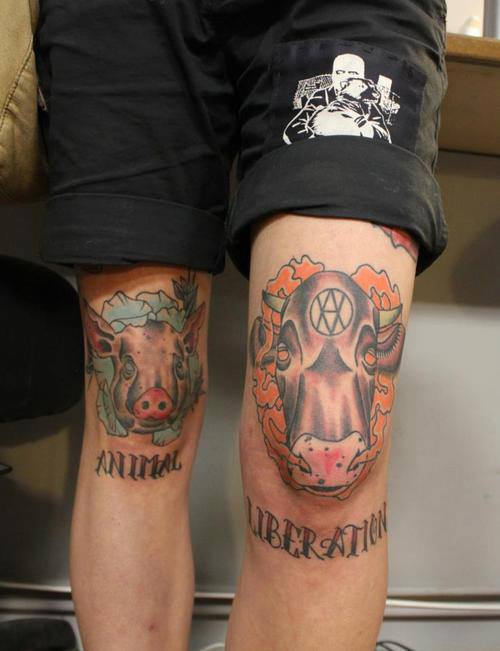Animal Liberation - Pig And Cow Head Tattoo On Both Thigh