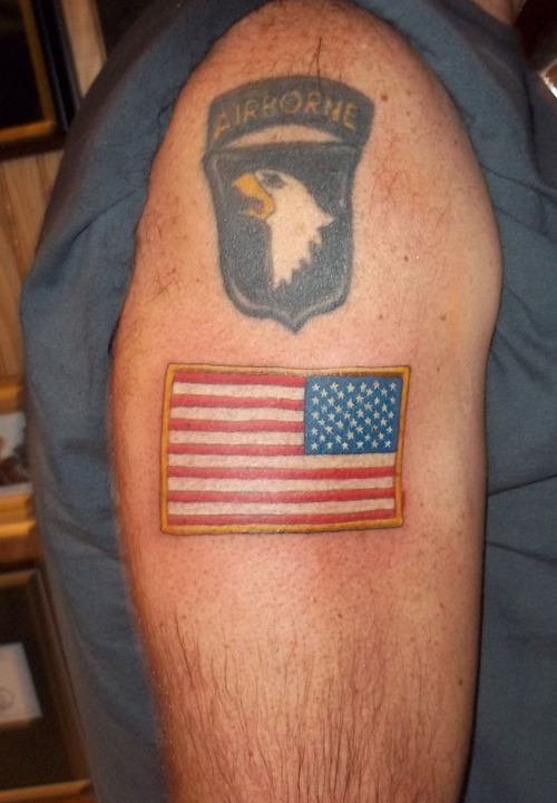 Army Airborne Logo With USA Flag Tattoo On Right Shoulder